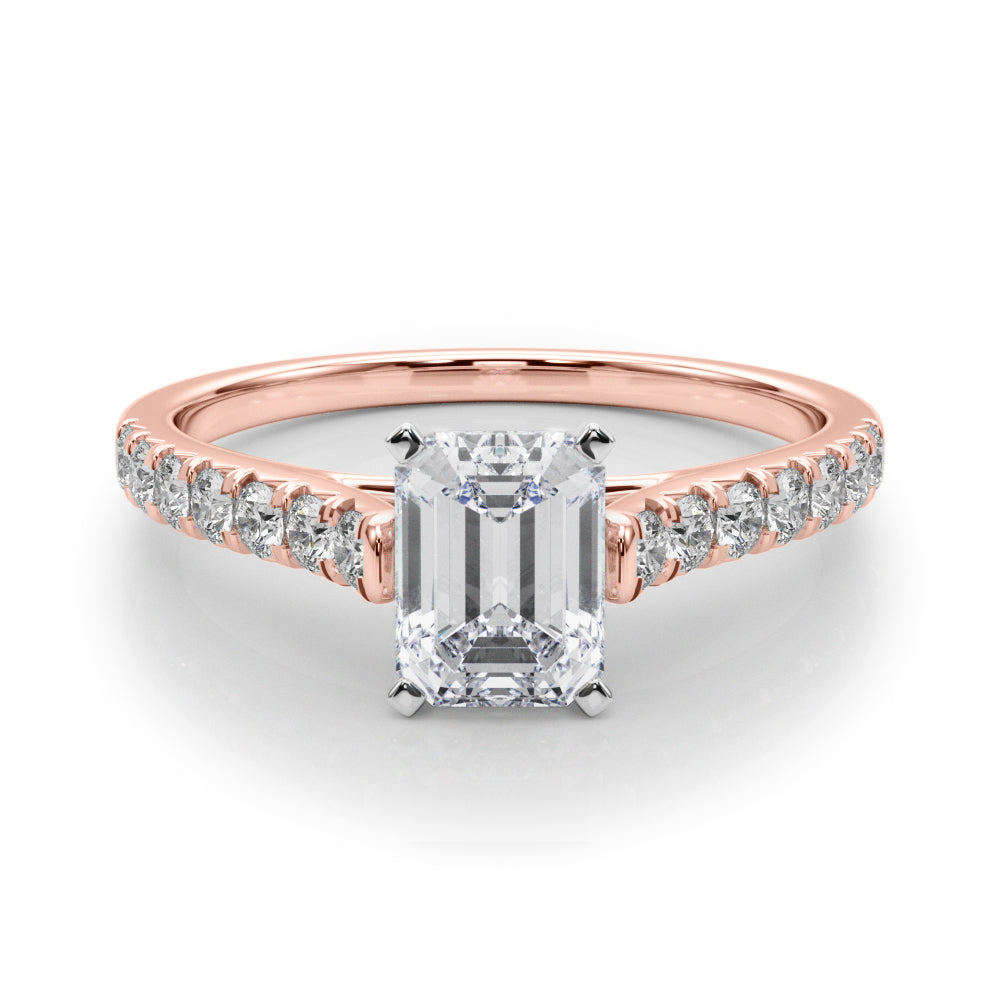 1 1/3 Emerald Lab Grown Diamond Classic Pave Solitaire Engagement Ring with Side Stones in rose gold