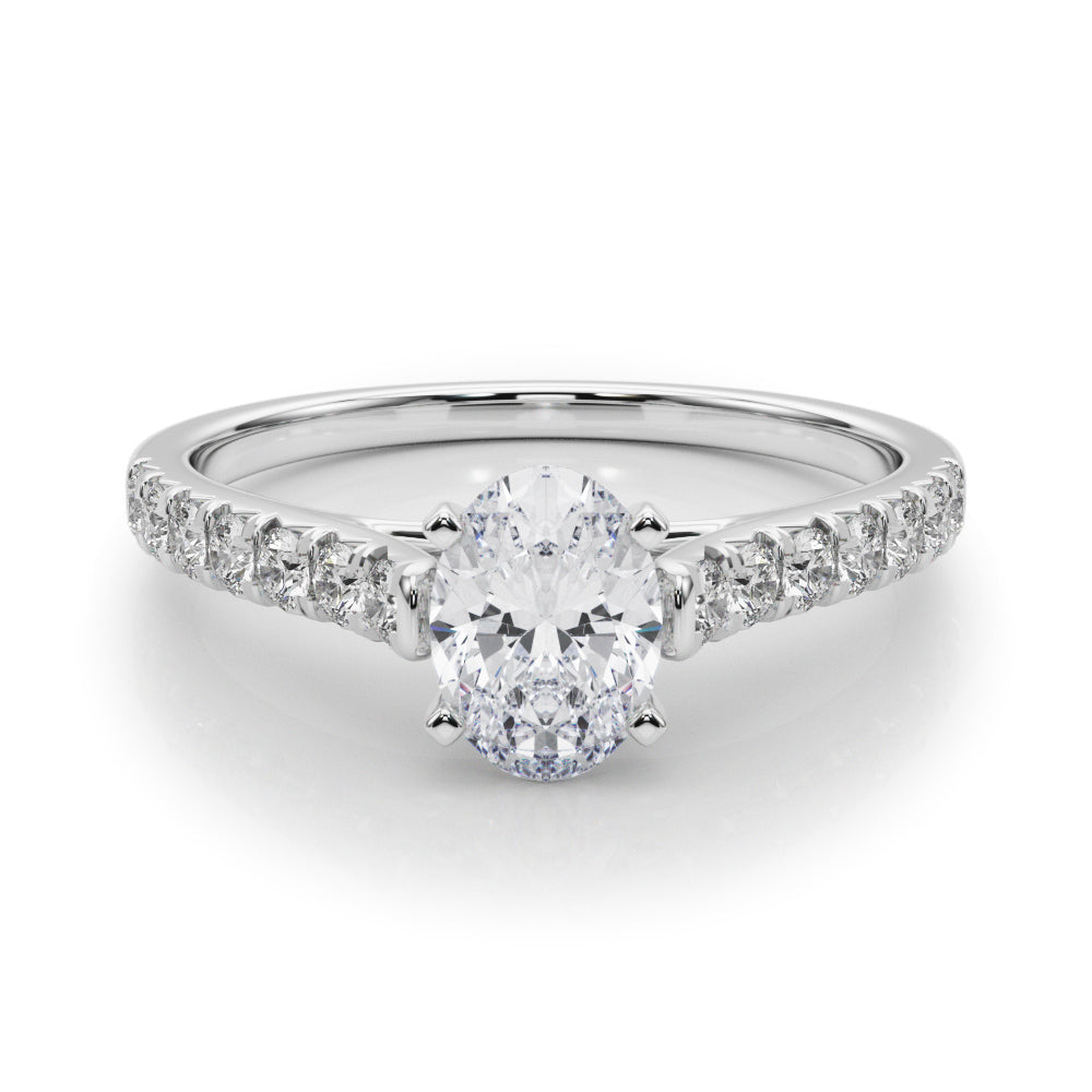 1 1/3 ctw Oval Lab Grown Diamond Classic Pave Solitaire Engagement Ring with Side Stones in White Gold