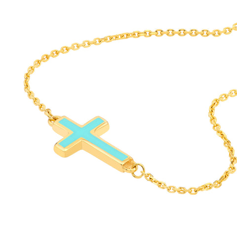 Light Turquoise Enamel Sideways Cross Necklace