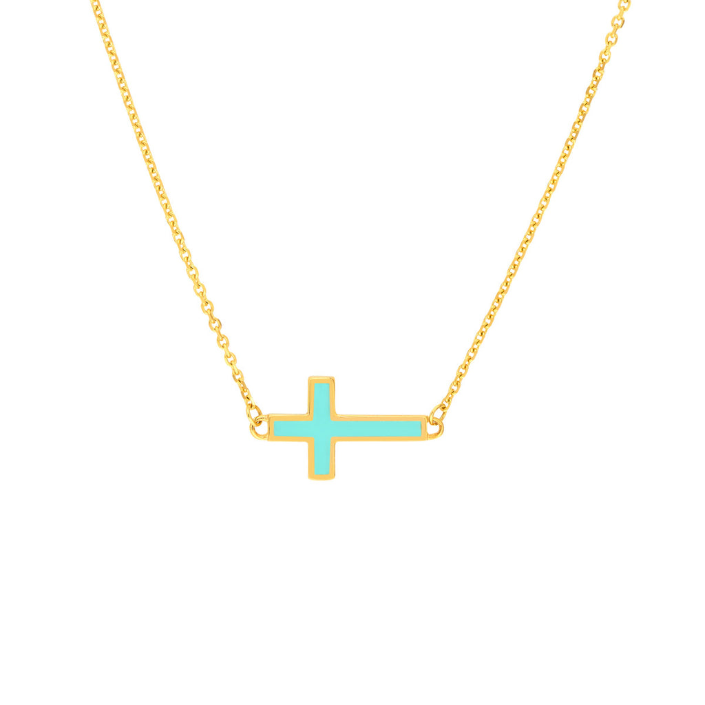 Light Turquoise Enamel Sideways Cross Necklace