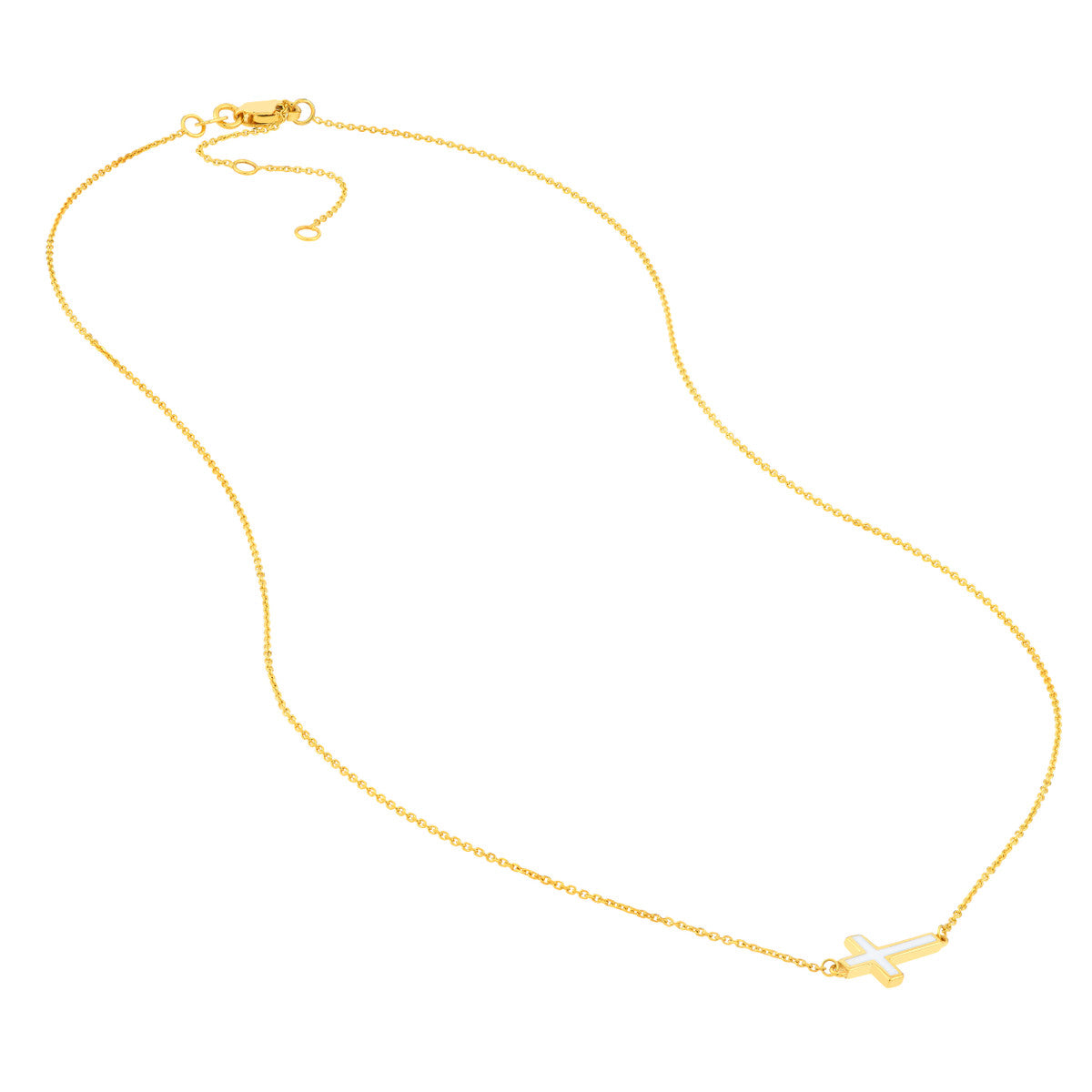 14k White Gold White Enamel Sideways Cross Necklace 