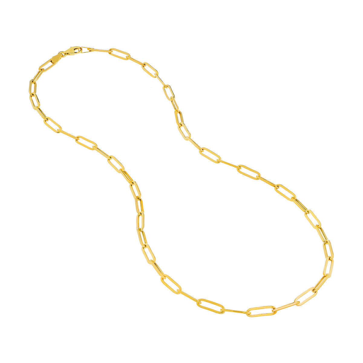 A gold necklace with a long chain on a white background