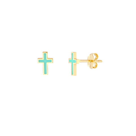 14k Yellow Gold Enamel Cross Stud Earrings