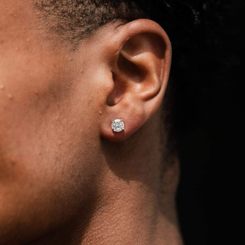 Lab Grown Round Diamond Certified Stud Earrings on man's ear