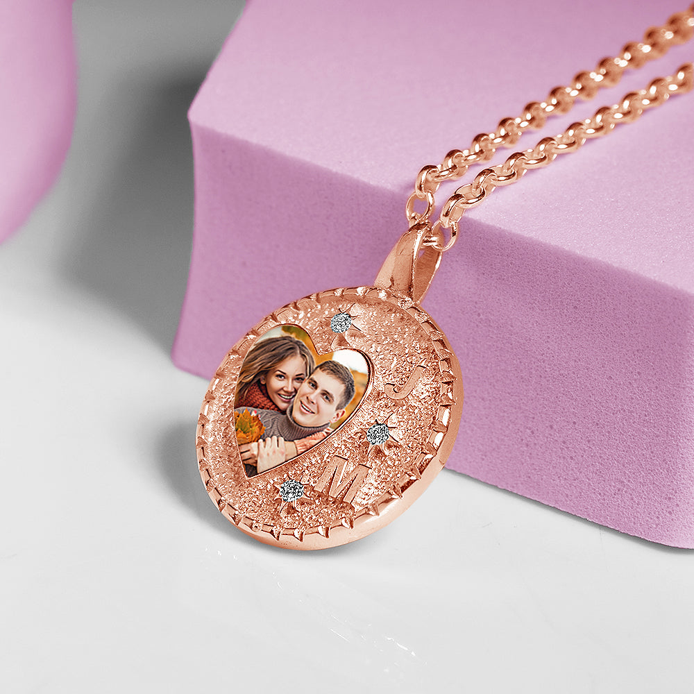 rose gold picture pendant with initials and diamonds