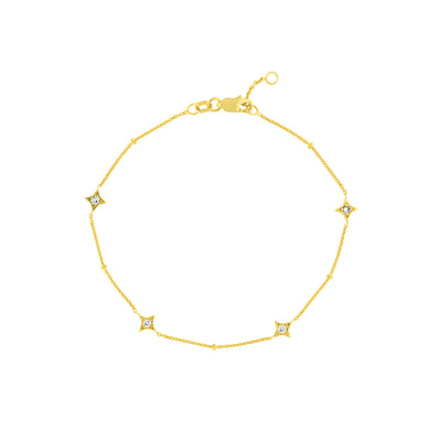 14k Gold Bracelet with Diamond Star Bezels and Beads