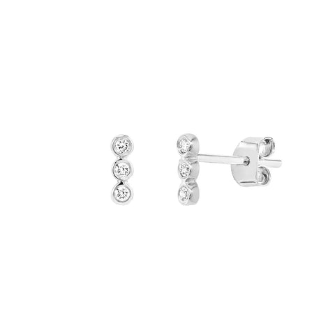 1/15 ctw Round Diamond Bezel Three Stone Stud Earrings in White Gold