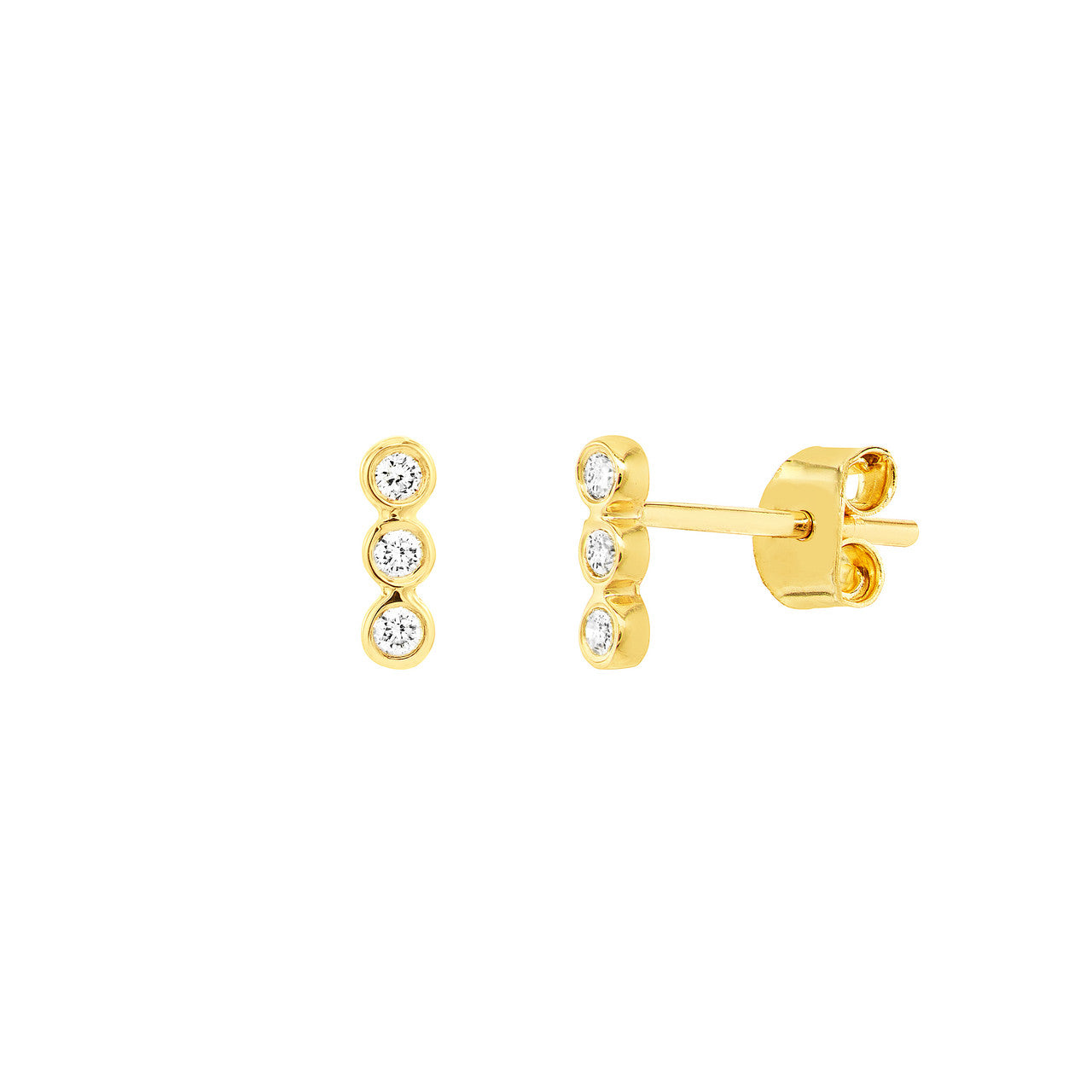 1/15 ctw Round Diamond Bezel Three Stone Stud Earrings in Yellow Gold