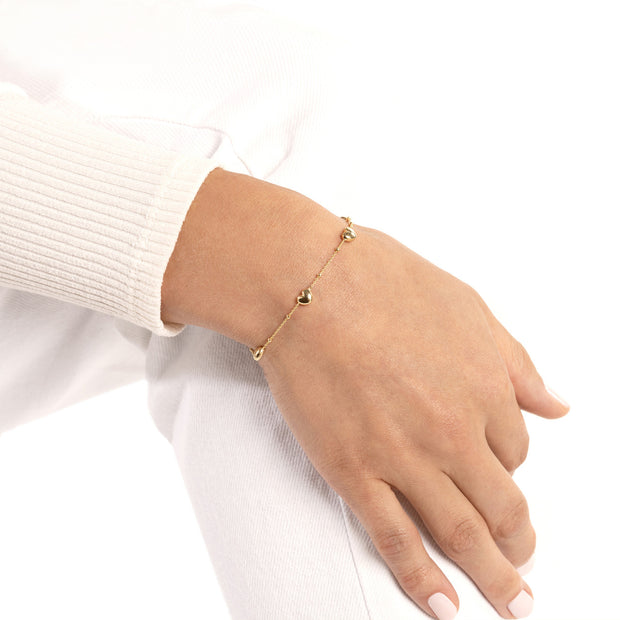 14k Yellow Gold Puffed Heart Station Bracelet