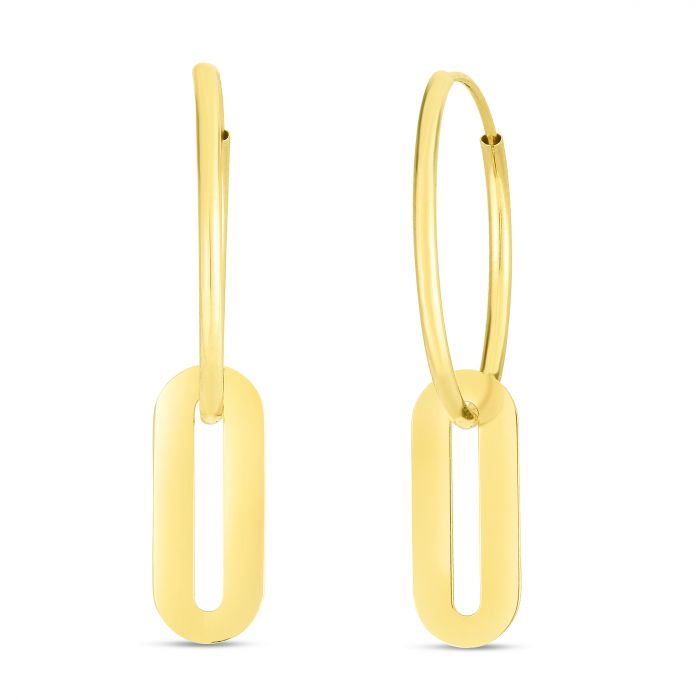 A pair of gold earrings with a square and rectangle design